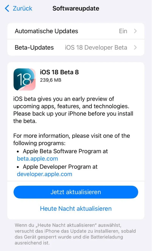 密云苹果手机维修分享苹果 iOS / iPadOS 18 开发者预览版 Beta 8 发布 